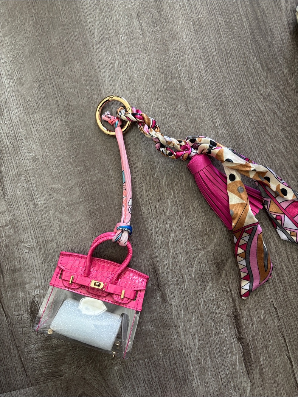 Hot Pink & Clear Mini Bag Charm, Key Remote Holder & Keychain w/ Scarf - Picture 4 of 4